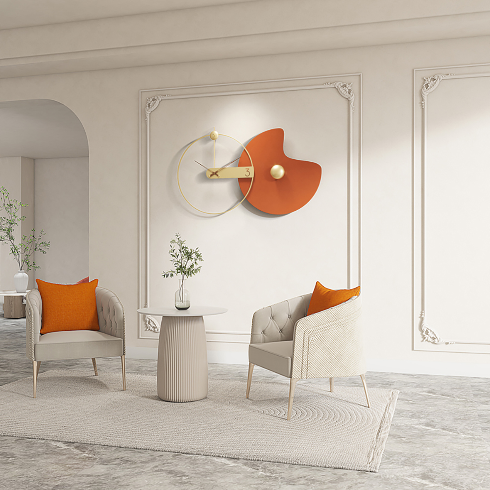 Modern Large Wall Clock Round Metal Decorative Wall Clocks in Orange & Gold