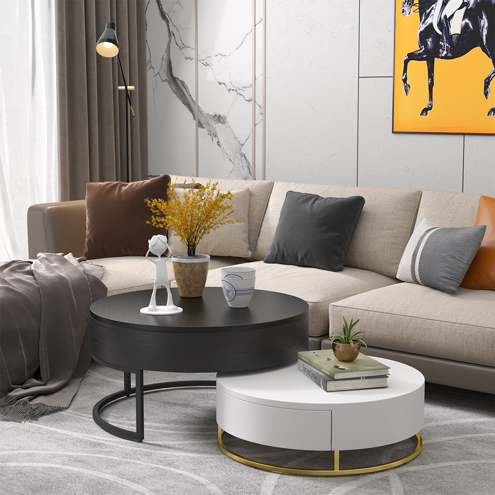 Nesnesis Modern Round Lift-top Nesting Wood Coffee Table with Drawers White & Black