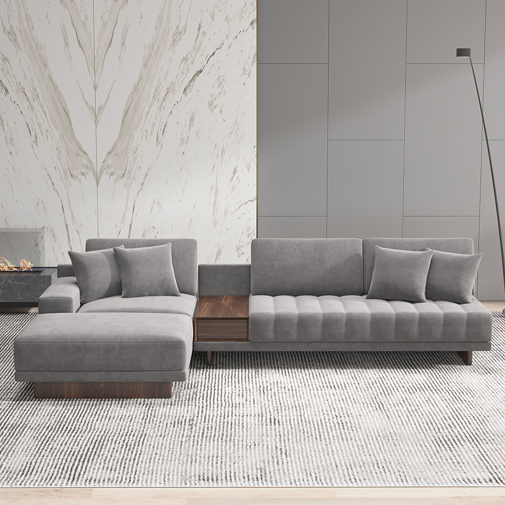 126" Velvet L-Shaped Gray Modular Sectional Sofa with Storage Side Table and Ottoman