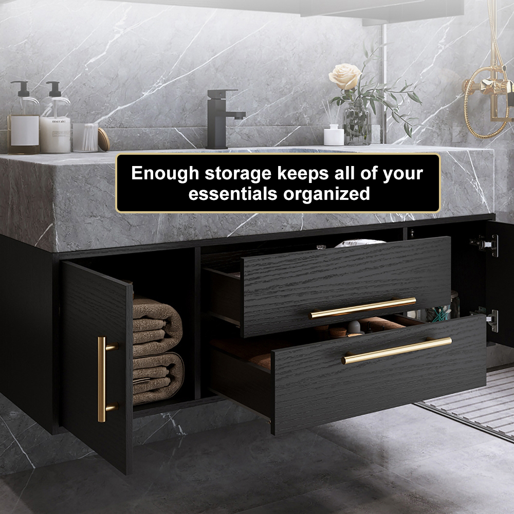 39.4" Floating Bathroom Vanity Wall Mounted Cultured Marble Top Bathroom Cabinet Black with Sink