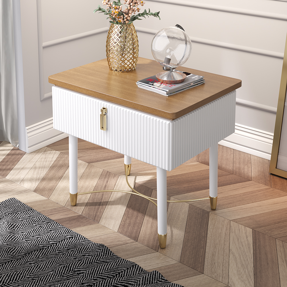 Modern White Nightstand Contemporary Wood Nightstand Bedside Table with Drawer in Gold