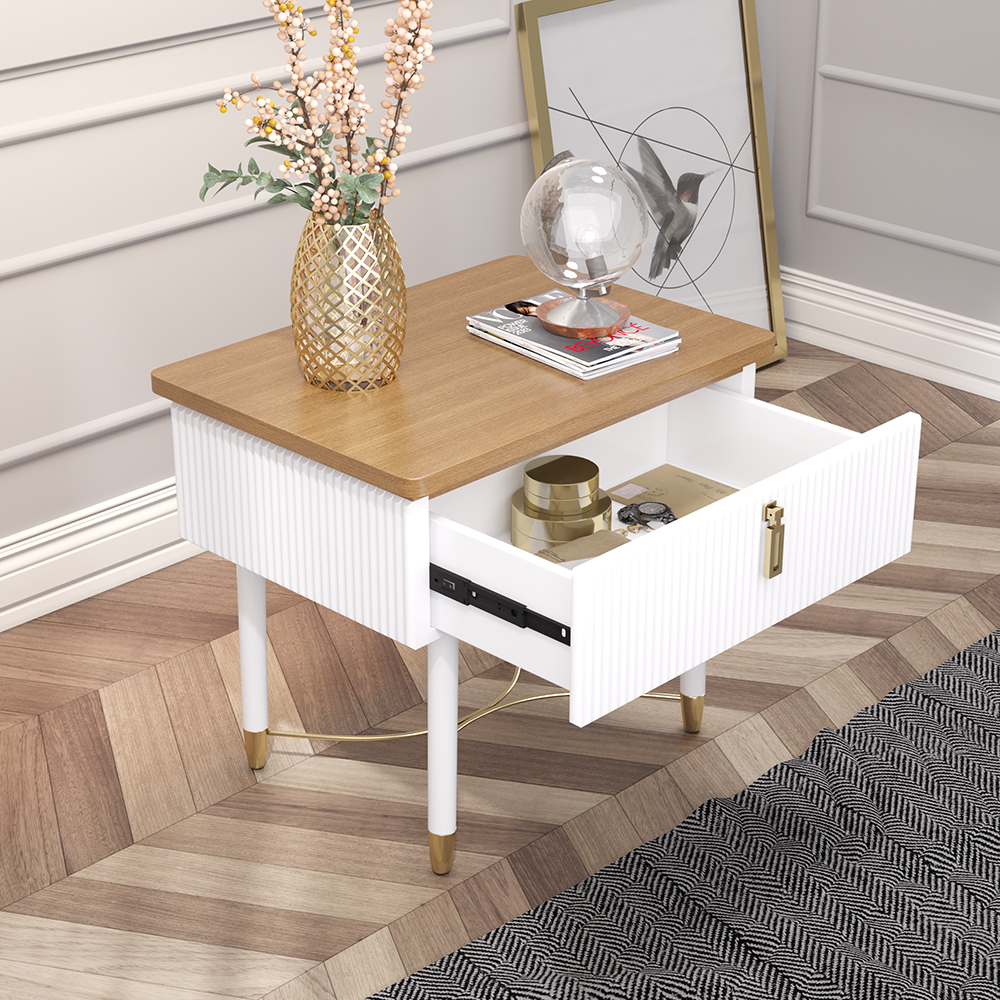 Modern White Nightstand Contemporary Wood Nightstand Bedside Table with Drawer in Gold