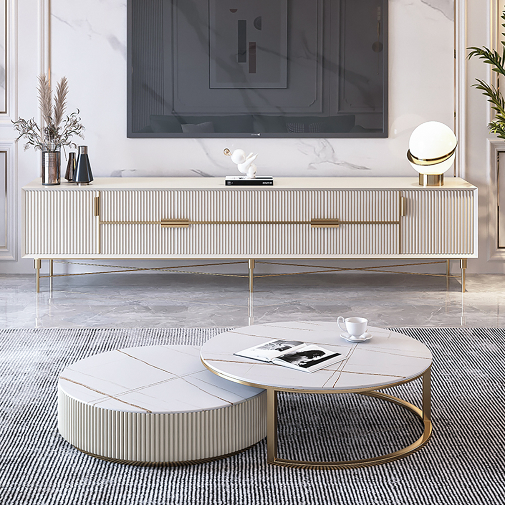 Round 2-Piece Nesting Set Sintered Stone Top Beige Coffee Table with Drawer 78.7" Modern White Leather Upholstered Fluted 3 Seater Sofa