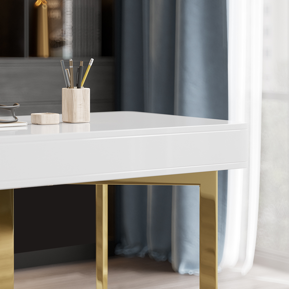 2-Drawers White Office Desk 63" Modern Writing Desk Gold Tripod Base Stainless Steel