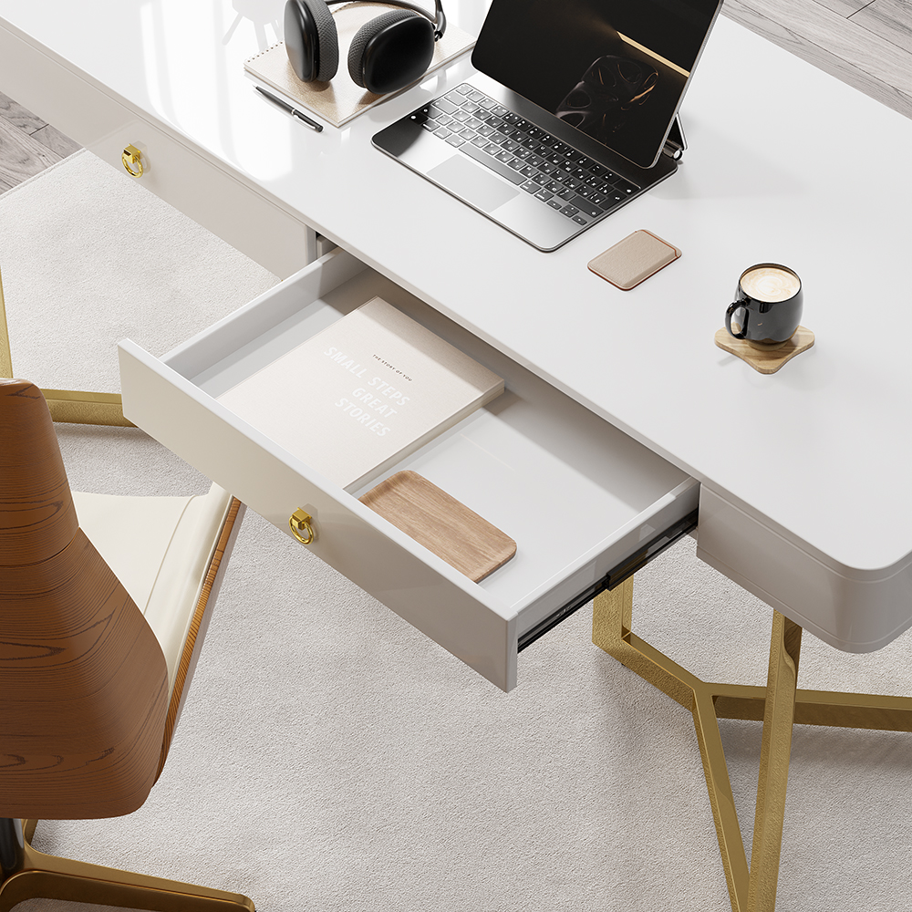 2-Drawers White Office Desk 63" Modern Writing Desk Gold Tripod Base Stainless Steel