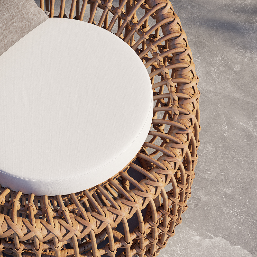 Austen Rattan Outdoor Barrel Chair Nest Shape Sidechair with Cushion in Brown
