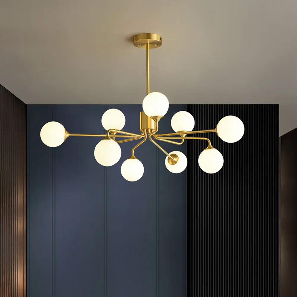 Modern Brass Sputnik Chandelier 9-Light with Glass Shade for Living Room