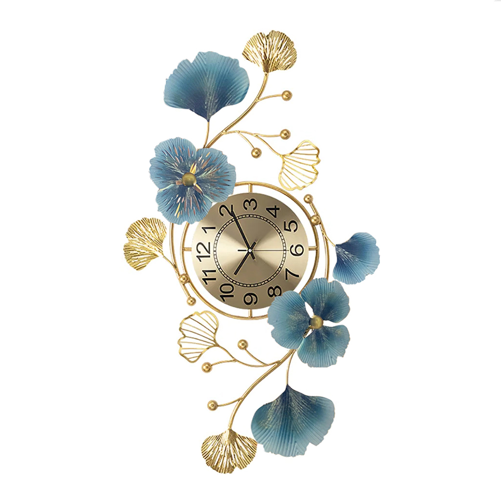 Modern Metal Large Wall Clock 3D Ginkgo Leaves & Flowers Home Decor Art