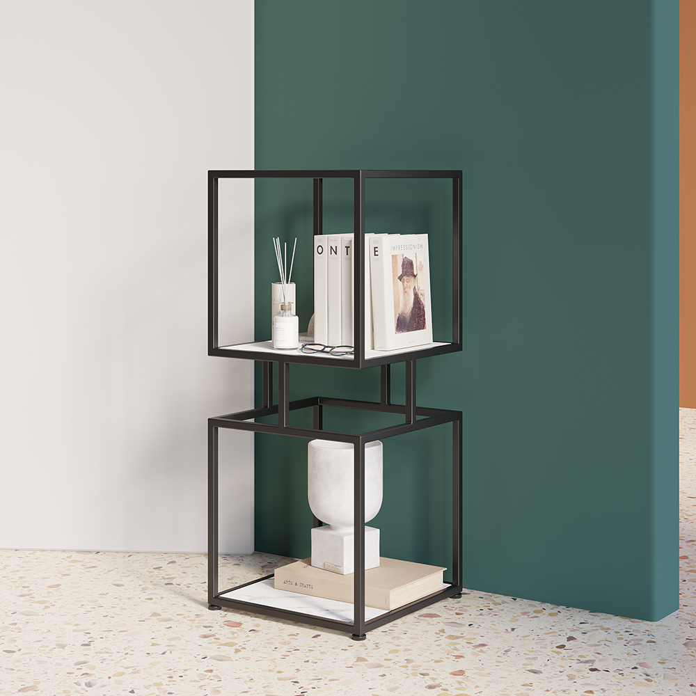 2-tier Modern Black Cube Bookcase With Metal Tower Display Shelf in US