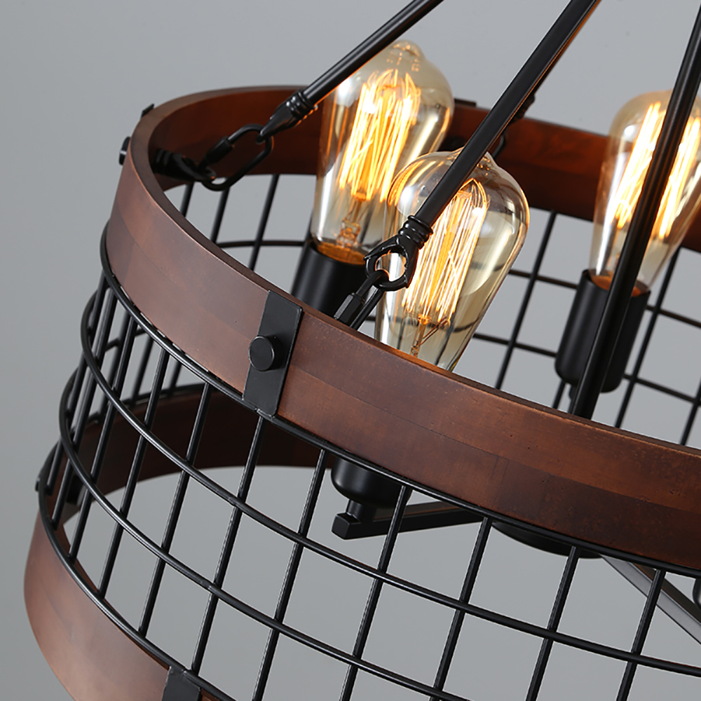 Candelabro circular de madera industrial con jaula de metal negro, 5 bombillas expuestas