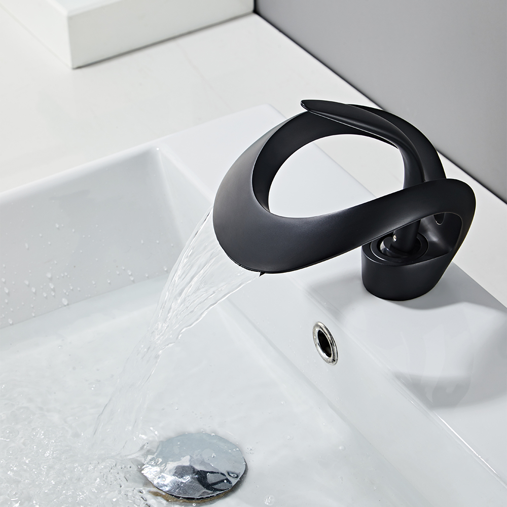 Waterfall Bathroom Sink Faucet in Black Single Handle Solid Brass