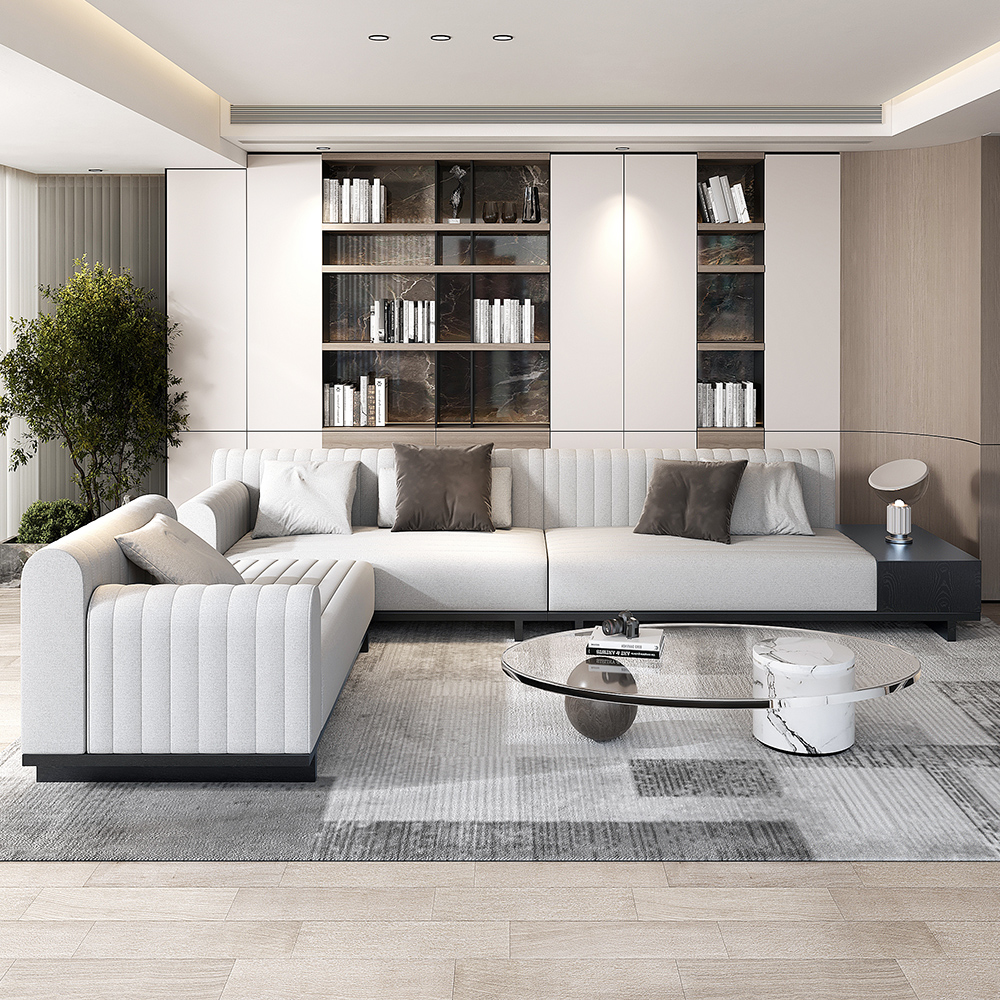 157" Cotton and Linen L-Shaped Sectional Sofa Modern Light Gray Sectional with Storage Side