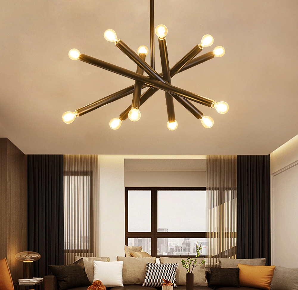 Modern Black 12-Light Sputnik Semi-Flush Mount Light with Hanging Rod