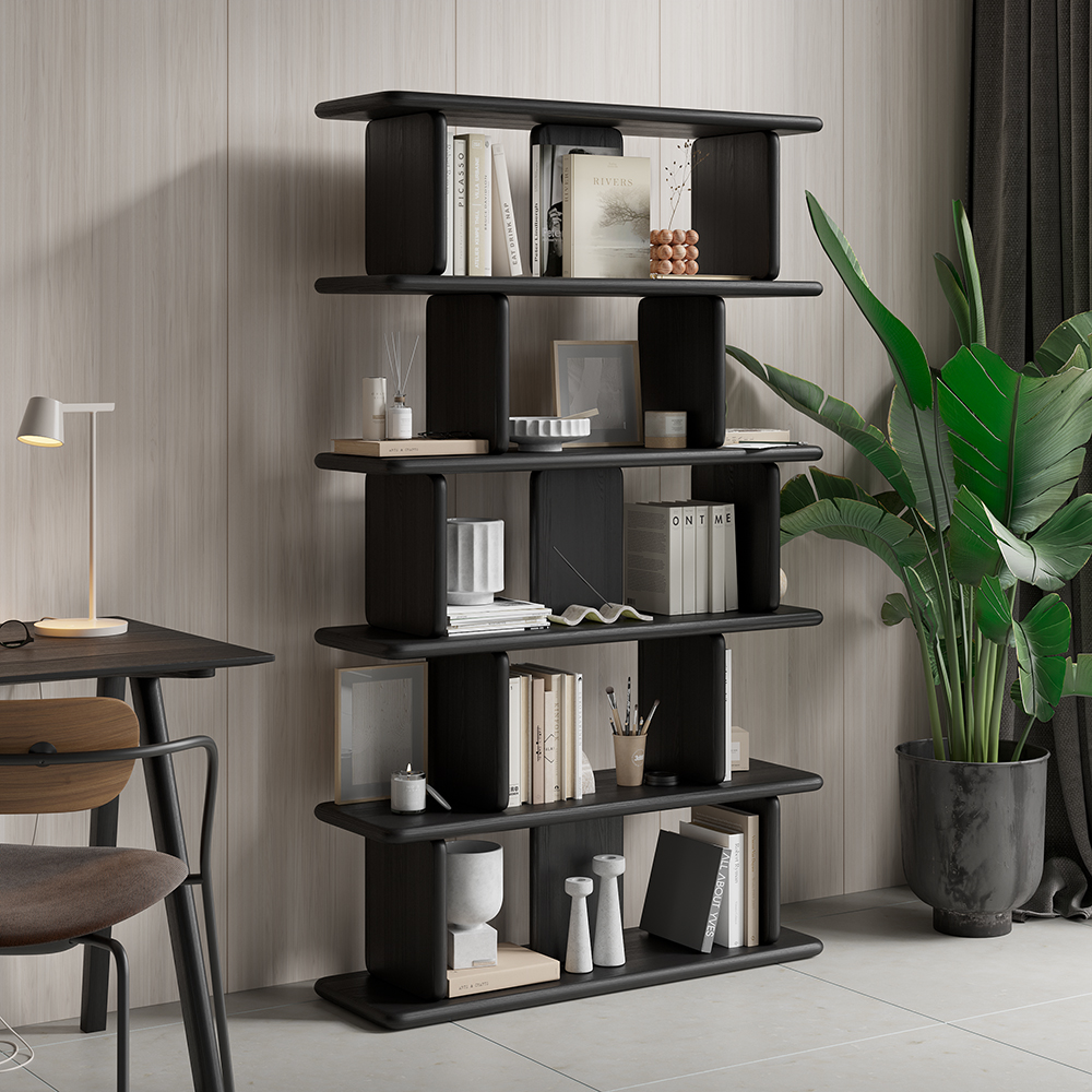 67" 5-tier Black Wooden Bookshelf Japandi Etagere Geometric Bookcase With Open Storage in US