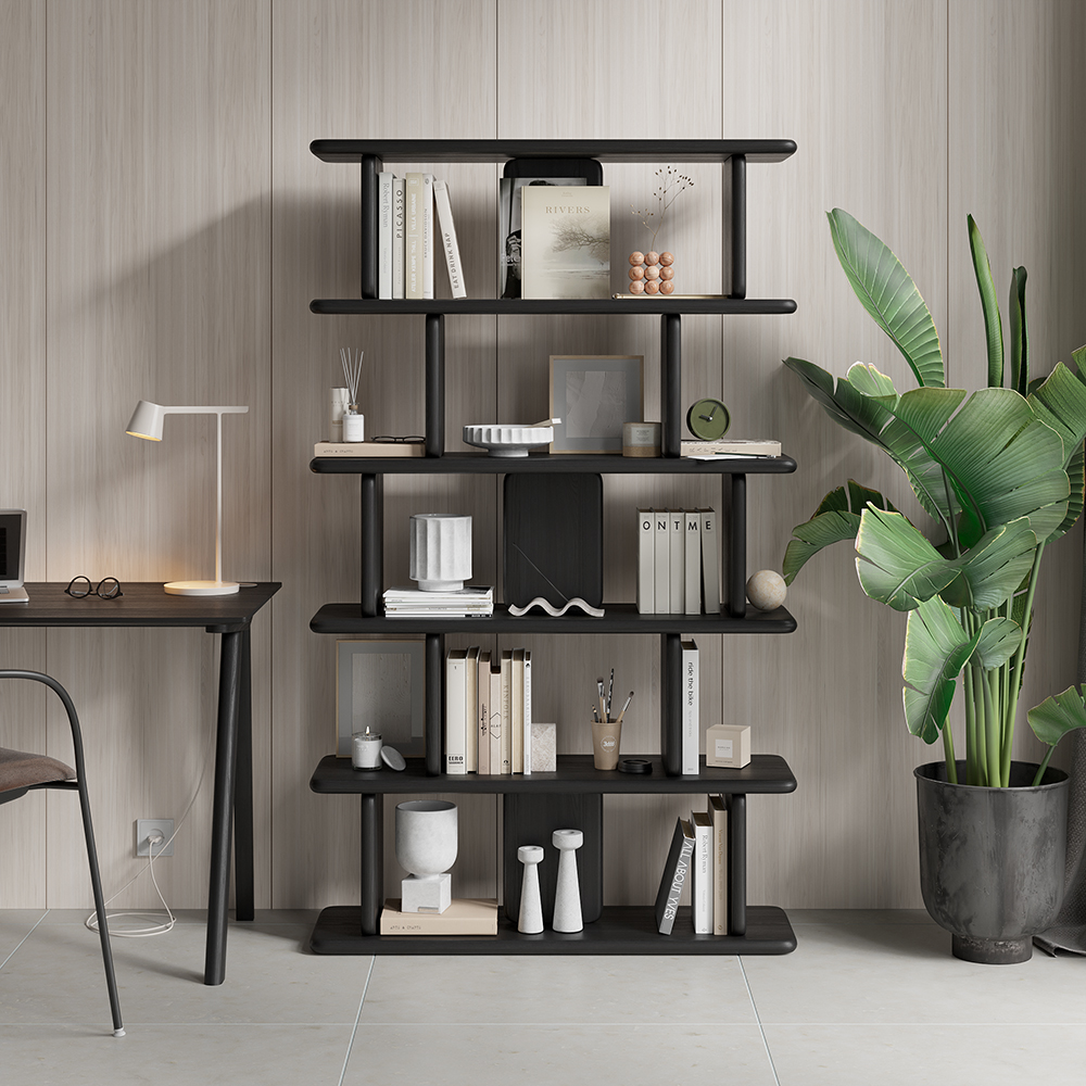 67" 5-Tier Black Wooden Bookshelf Japandi Etagere Geometric Bookcase with Open Storage