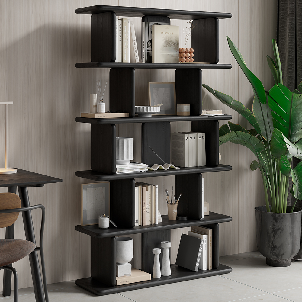 67" 5-Tier Black Wooden Bookshelf Japandi Etagere Geometric Bookcase with Open Storage