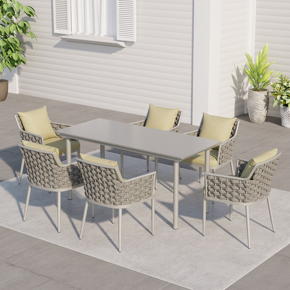7 Pieces Modern Outdoor Dining Set Rectangle Marble Top Table Chair Gray in US