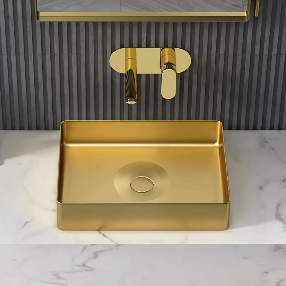 Contemporary Gold Rectangular Stainless Steel Vessel Sink Luxury Wash Sink