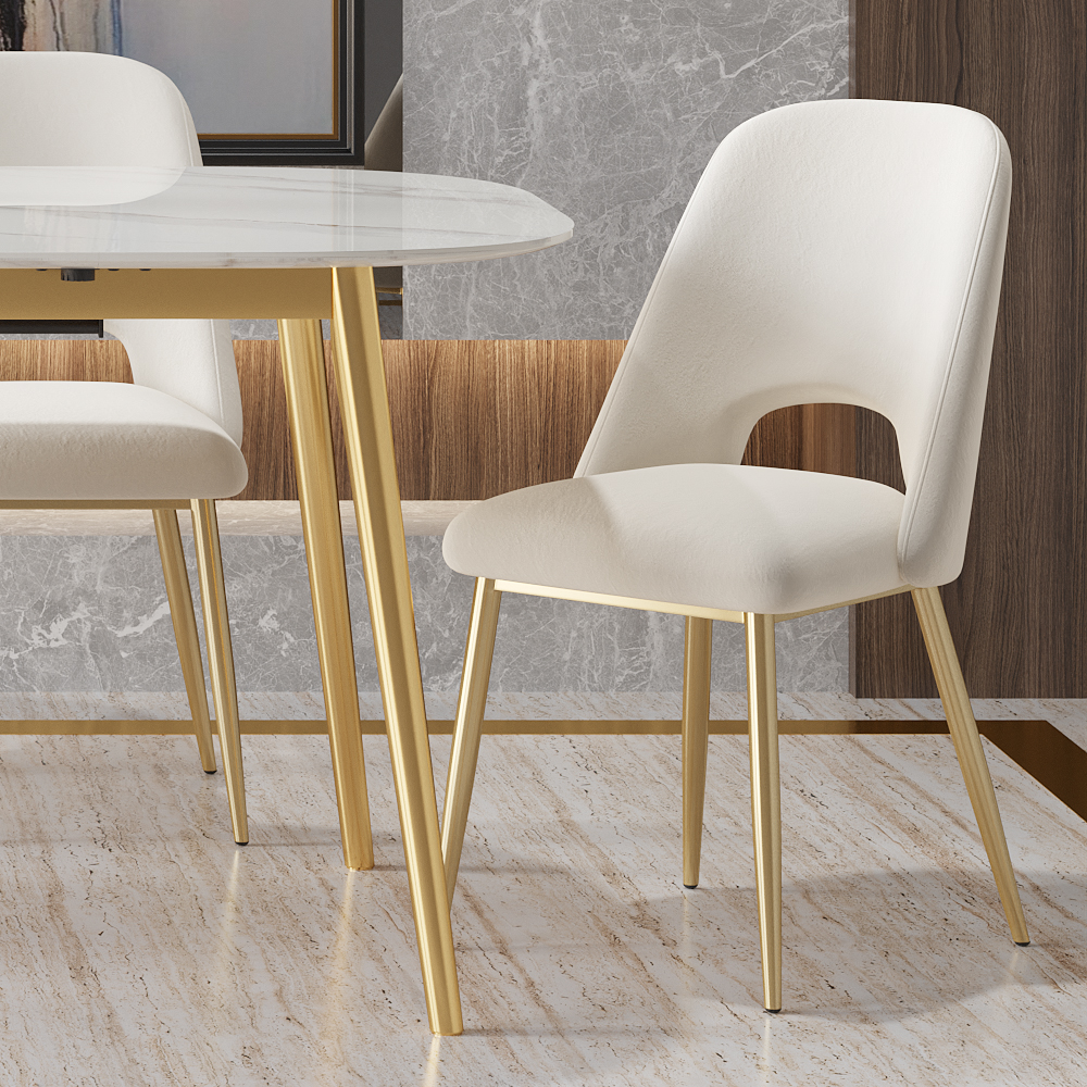 Mid-Century Modern White Upholstered Dining Chair Set of 2 with Hollow Back