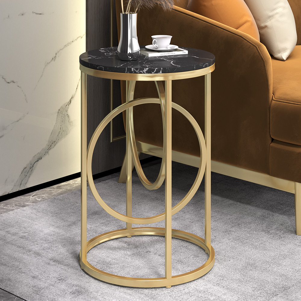 Black Round End Table Marble Top Side Table Metal in Gold in US