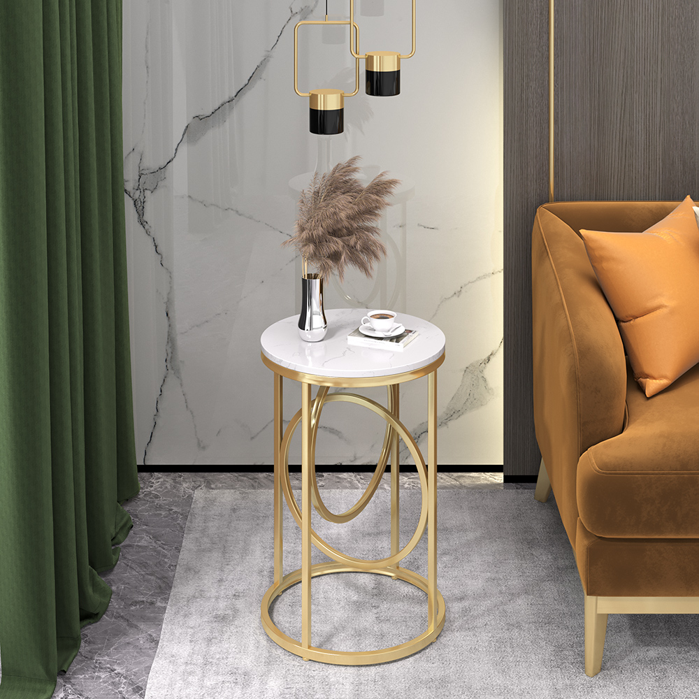 Round Marble Top End Table Modern White Side Table with Metal Frame in Gold