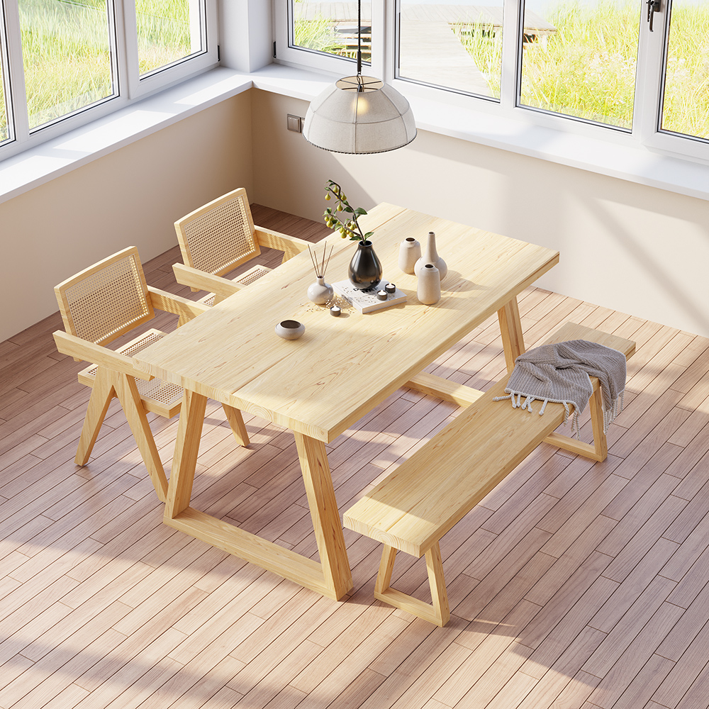 63" Natural Rectangular Japandi Dining Table Pine Wood Table for Dining