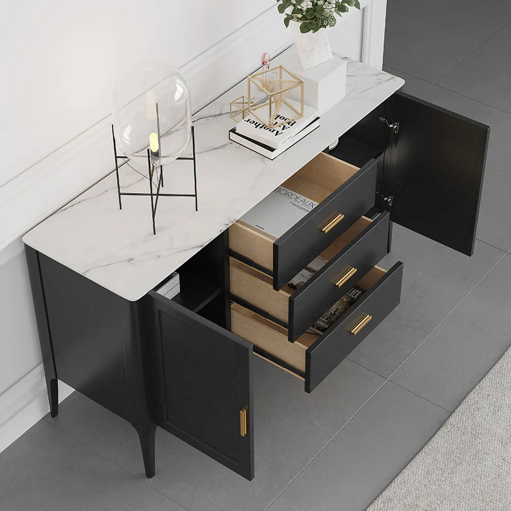Modern Black Sideboard Buffet Sintered Stone Top Drawers&Doors Kitchen Cabinet Gold Pull