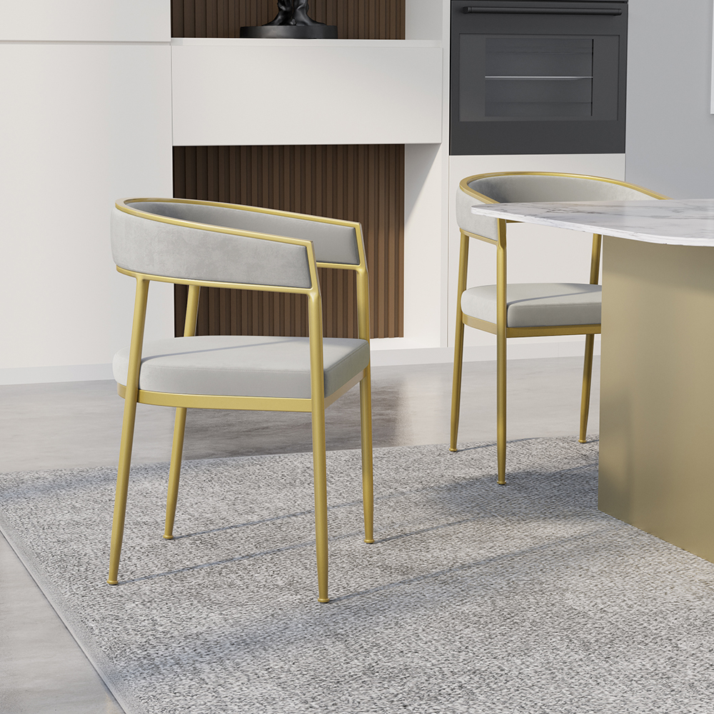 Gray Modern Dining Chair Velvet Upholstered Accent Arm Chair with Gold Leg