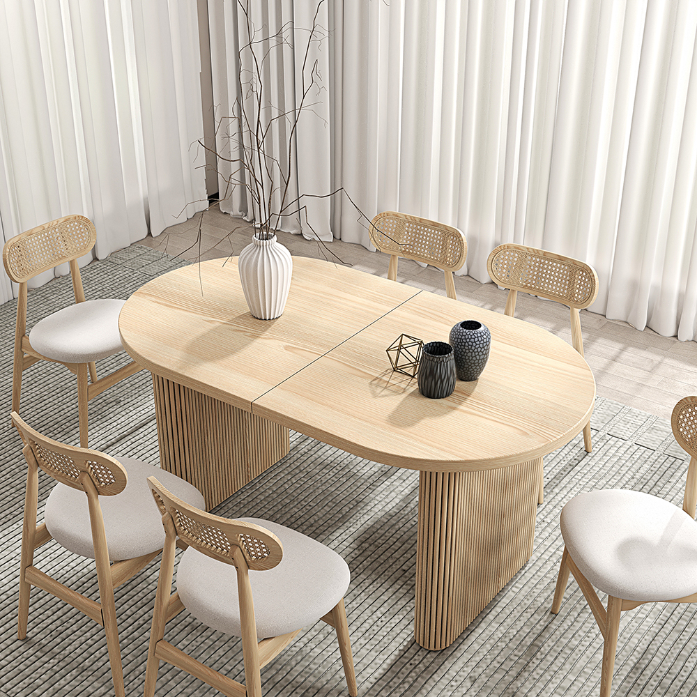 Mesa de comedor ovalada extensible de estilo Japandi, de 1600 mm a 2000 mm, en acabado blanqueado, para 4 a 6 personas