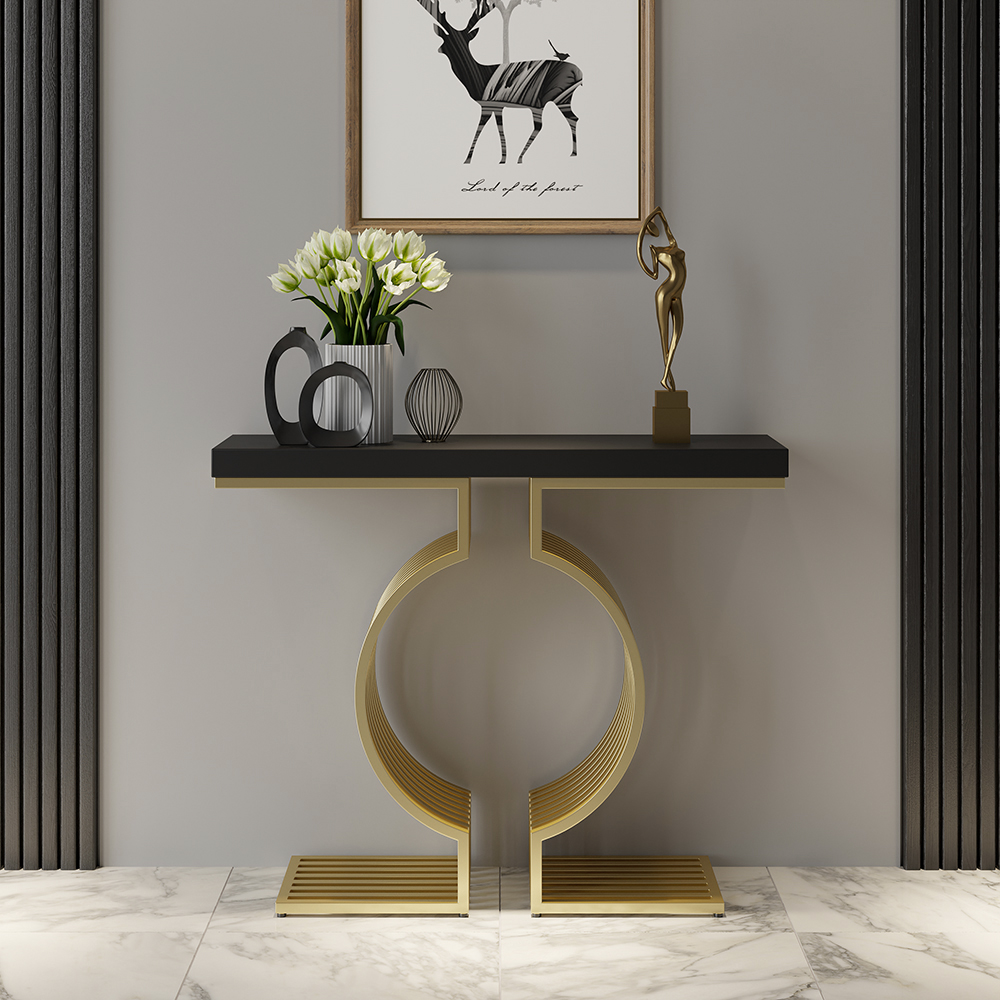 47.2" Modern Narrow Console Table with Geometric Metal Base Black Entryway Table