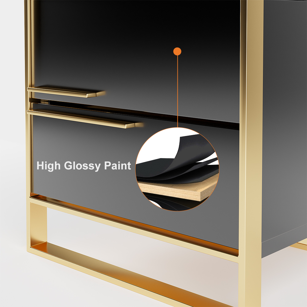 Cylina Modern 2 Drawers Black Lacquer Nightstand Square Bedside Table