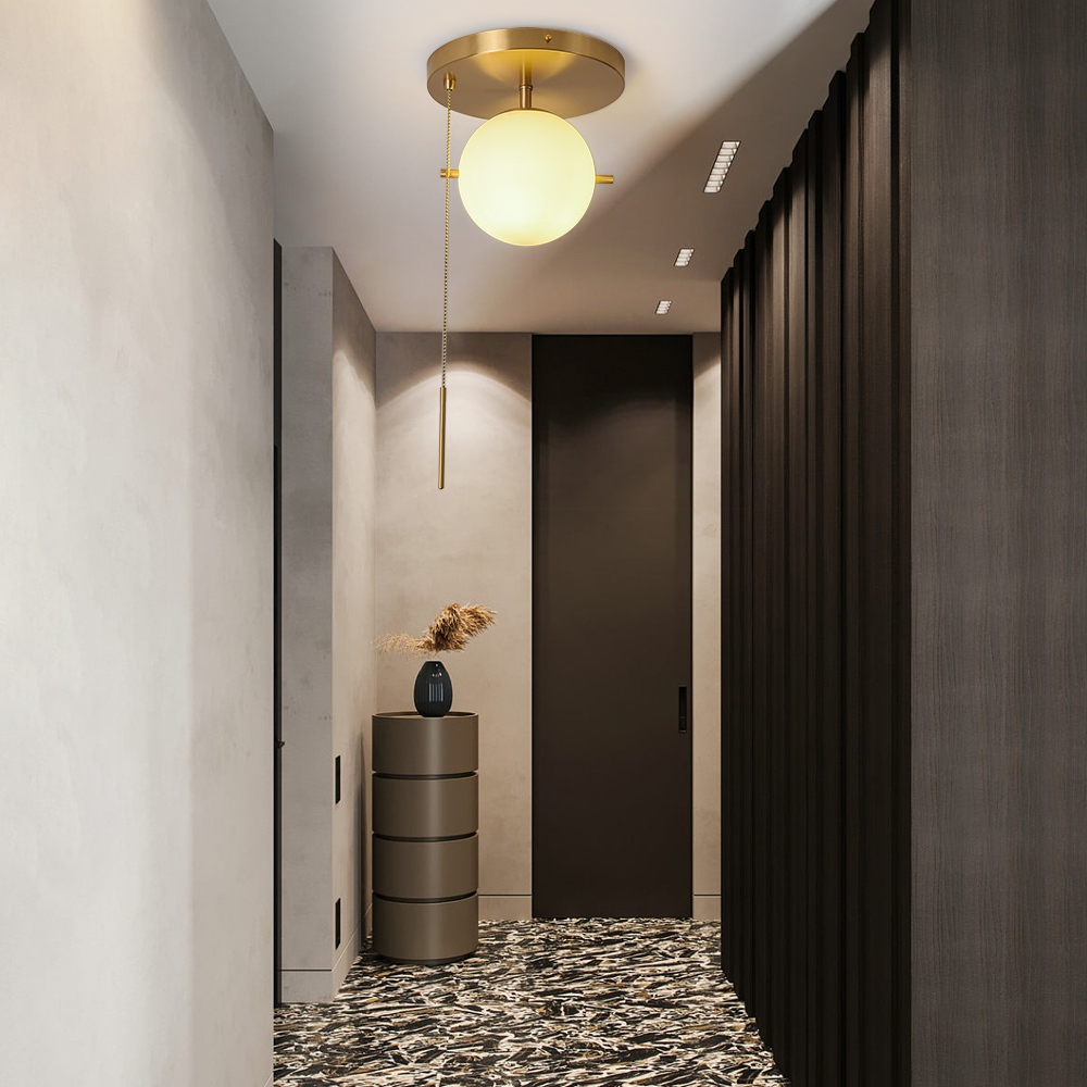 Gidu Modern Pull Chain Ceiling Light Globe Glass Shade Semi Flush Mount Metal
