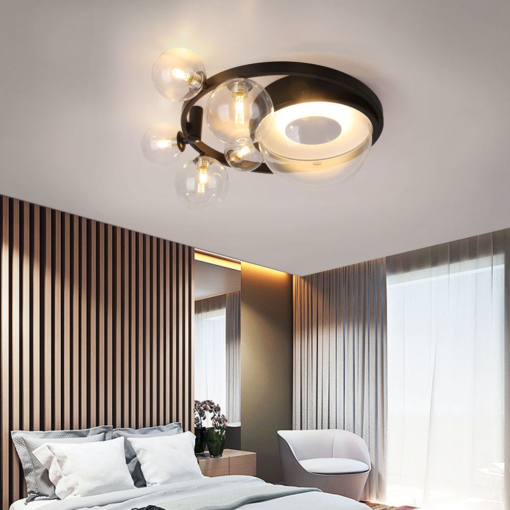 Modern 6 Light Led Black Geometric Bubble Flush Mount Ceiling Light With Glass Shade in US