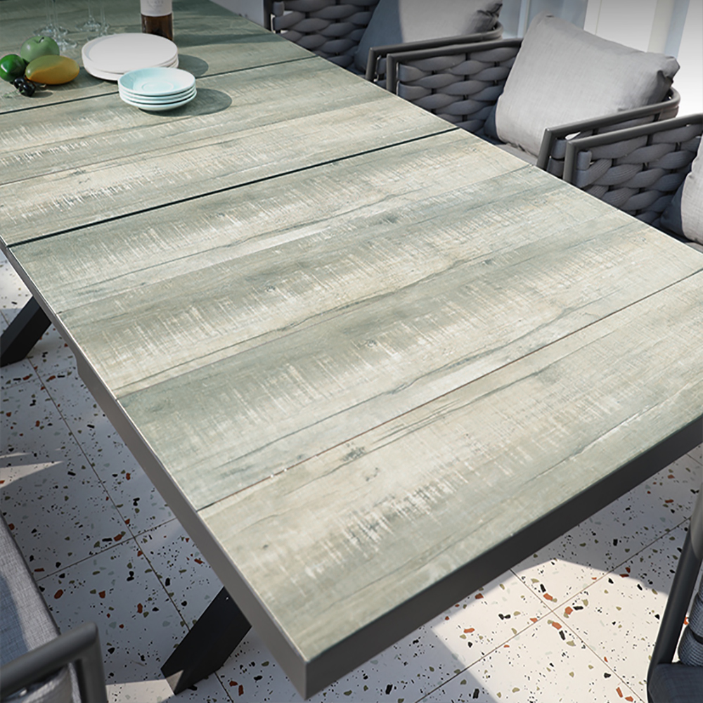 Mesa de jardín extensible de aluminio resistente a la intemperie – mesa de comedor exterior rectangular para 6 personas en gris