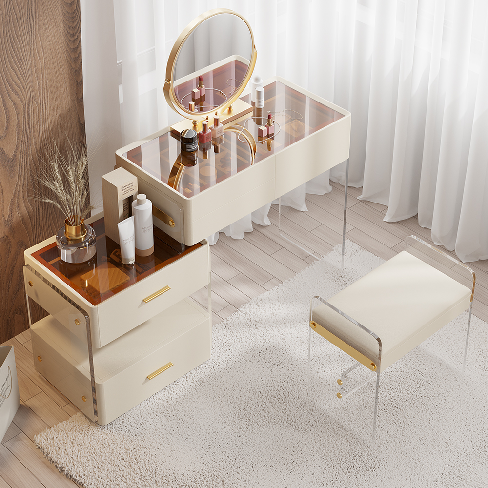 White Floating Extendable Makeup Vanity Set with Tempered Glass Top Acrylic Makeup Station with Removable Mirror & Stool