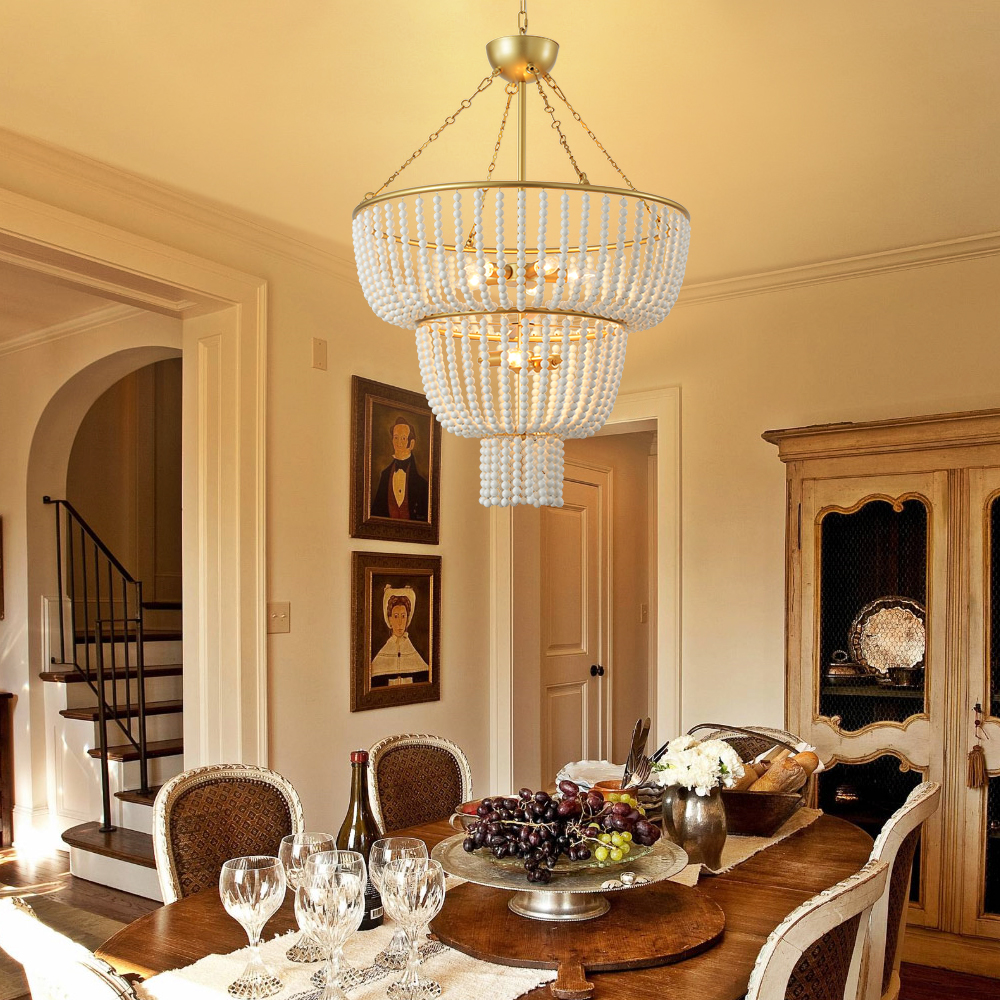 Boho 2-tier White Ceramic Beads Gold Metal Frame 7-light Chandelier in Brass in US