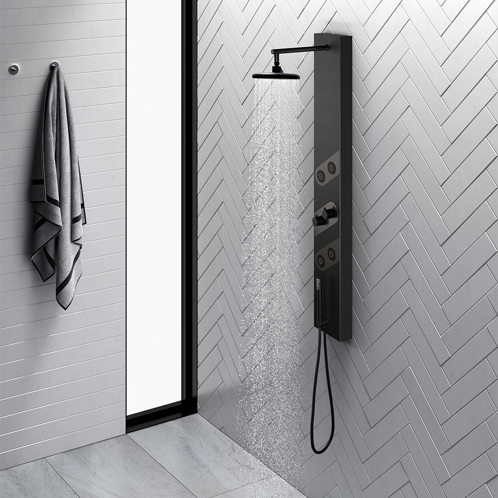 55" Black Rainfall Shower Panel with Handheld Shower Adjustable Showerhead & Body Jets