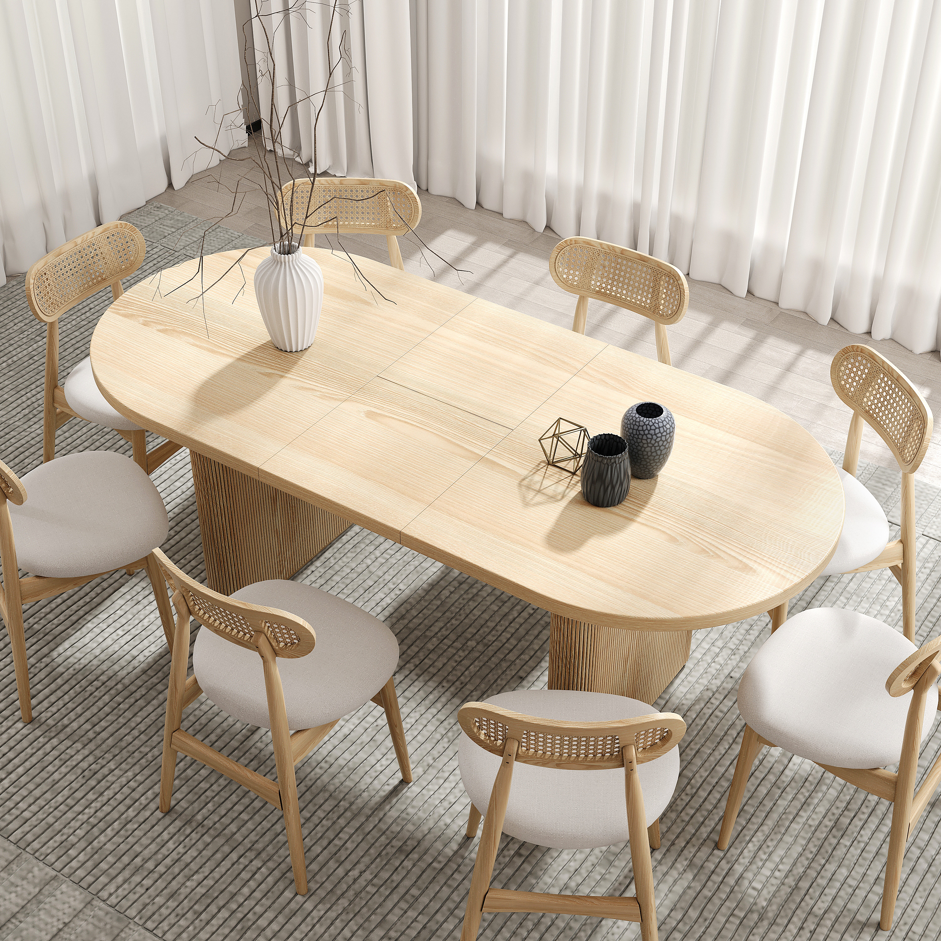 Couleur:Badigeonner | Taille:Table De 160 cm à 200 cm + 6 Chaises | Option De Style:Set 2