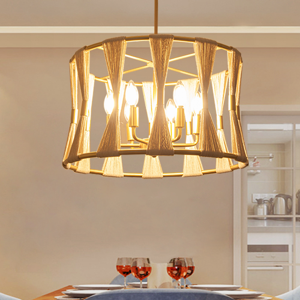 Japandi 6-light Drum Chandelier Light Natural Rope Beige Hand-wrapped Lamp in US