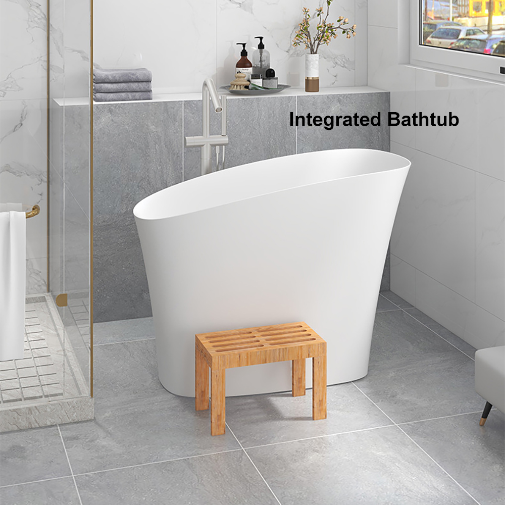 47" Japanese Irregular Freestanding Bathtub Stone Resin Oblique Deep Matte White Soaking Tub – with Built-in Seat and Bonus Wooden Side Stool