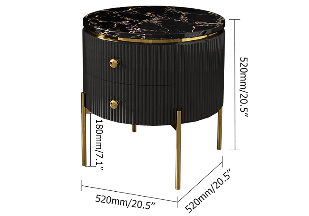 Yelly Modern Round End Table With Storage Black Faux Marble Side Table
