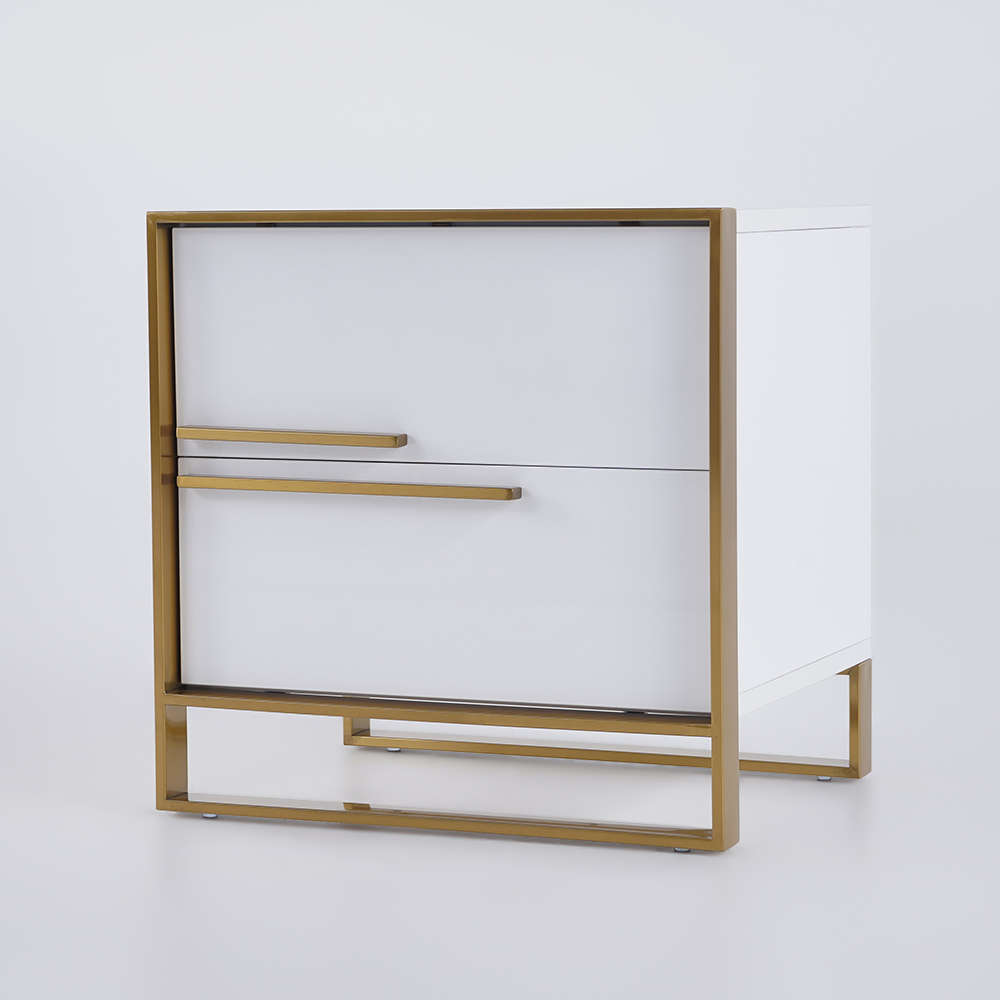 Minimalist Design Nightstand with 2 Drawers with Gold Base King Size Upholstered Bed Frame with Tufted Wingback Headboard