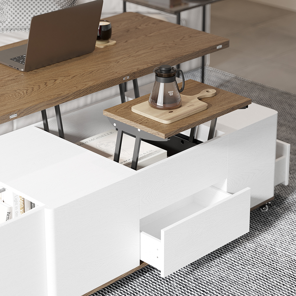 Lift Top Coffee Table Multifunctional Walnut and White Table with Drawers and Shelves