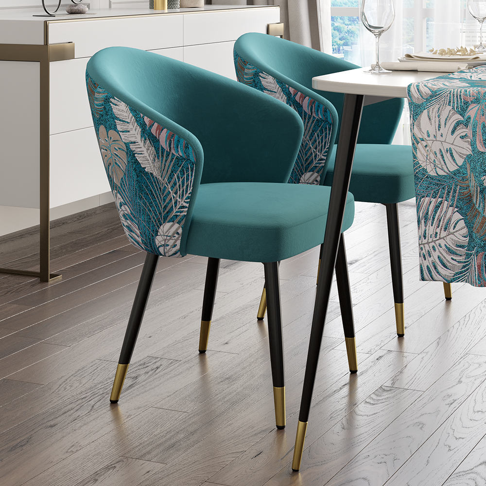Set of 6 Velvet Dining Chairs Upholstered Modern Greenish Blue Dining Room Chairs with Arm