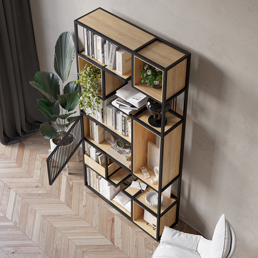 78" Modern Black Steel Geometric Bookcase 6-Tier Bookshelf Wooden Tall Book Shelf