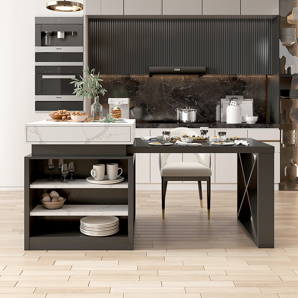 73"-93" Extendable White&Black Kitchen Island with Storage Kitchen Cabinet