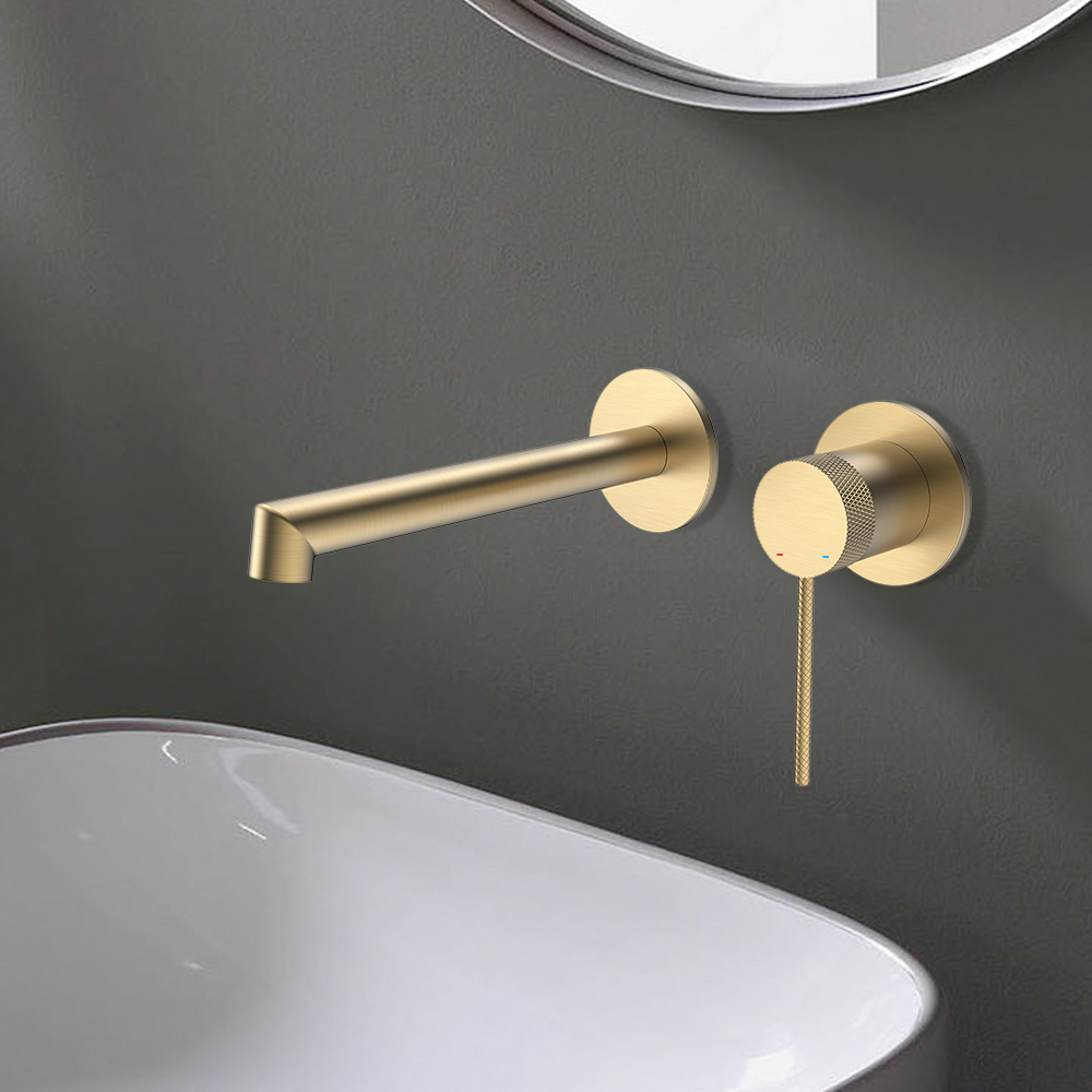 Single Lever Handle Wall Mounted Bathroom Tap Basin Tap Brass Brushed Gold thumbnail