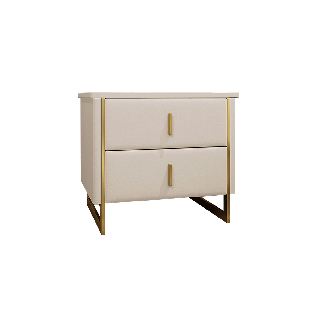 Modern Beige Nightstand 2-Drawer Faux Leather Bedside Table in Gold