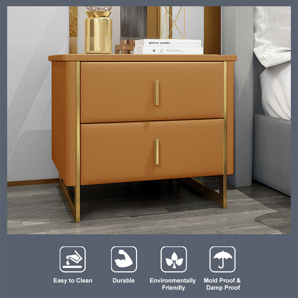 Modern Orange Nightstand 2-Drawer Faux Leather Bedside Table in Gold