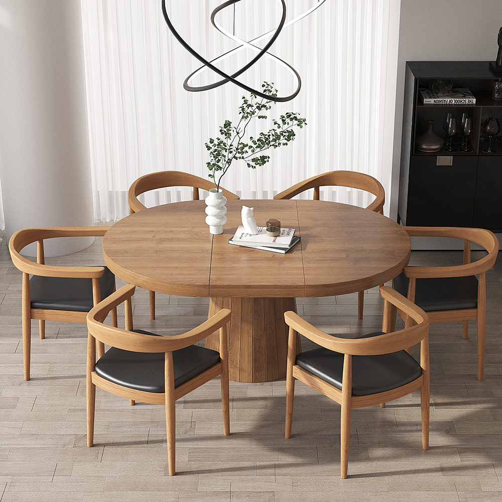 Extendable Dining Table Set 39"-55" Japandi Dining Table & 6 Wood Dining Chairs